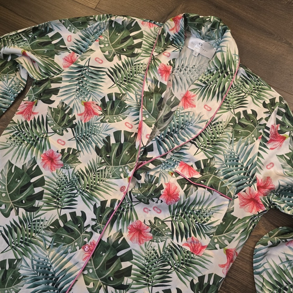 Dee Ocleppo Silk Balinese Print Pajama Shirt S Pink Green Palm Luxury Resort